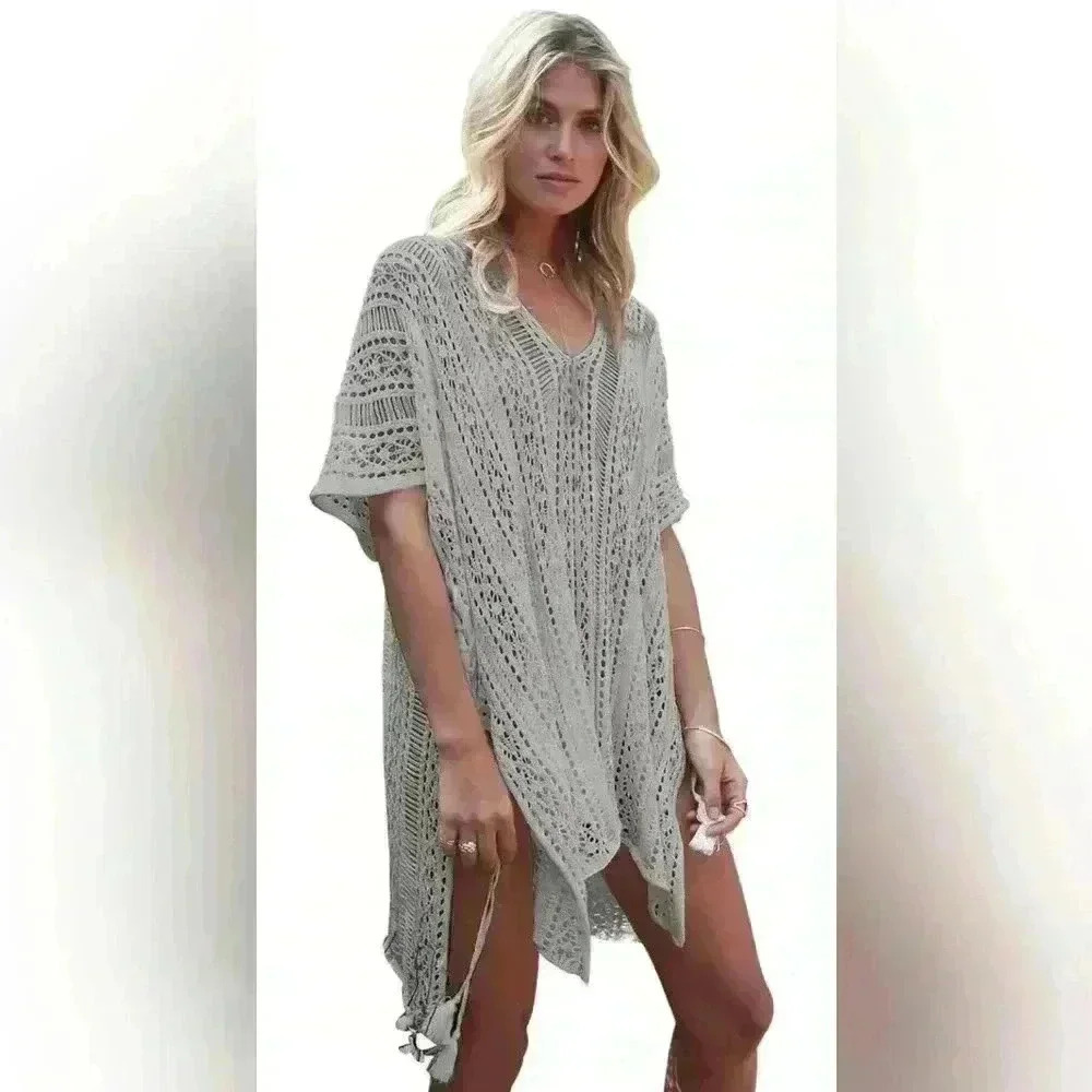 Grey | Crochet Knitted | Tassel Tie | Tunic| Beachwear | Swimsuit Coverup | OS